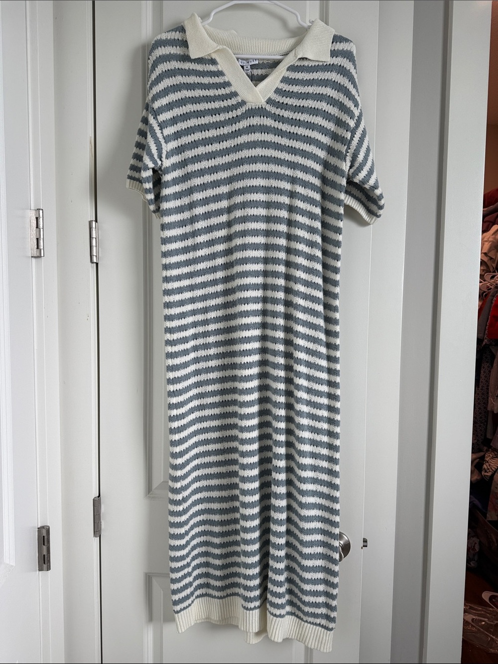 Striped Knit Polo Dress in Cream & Slate Blue